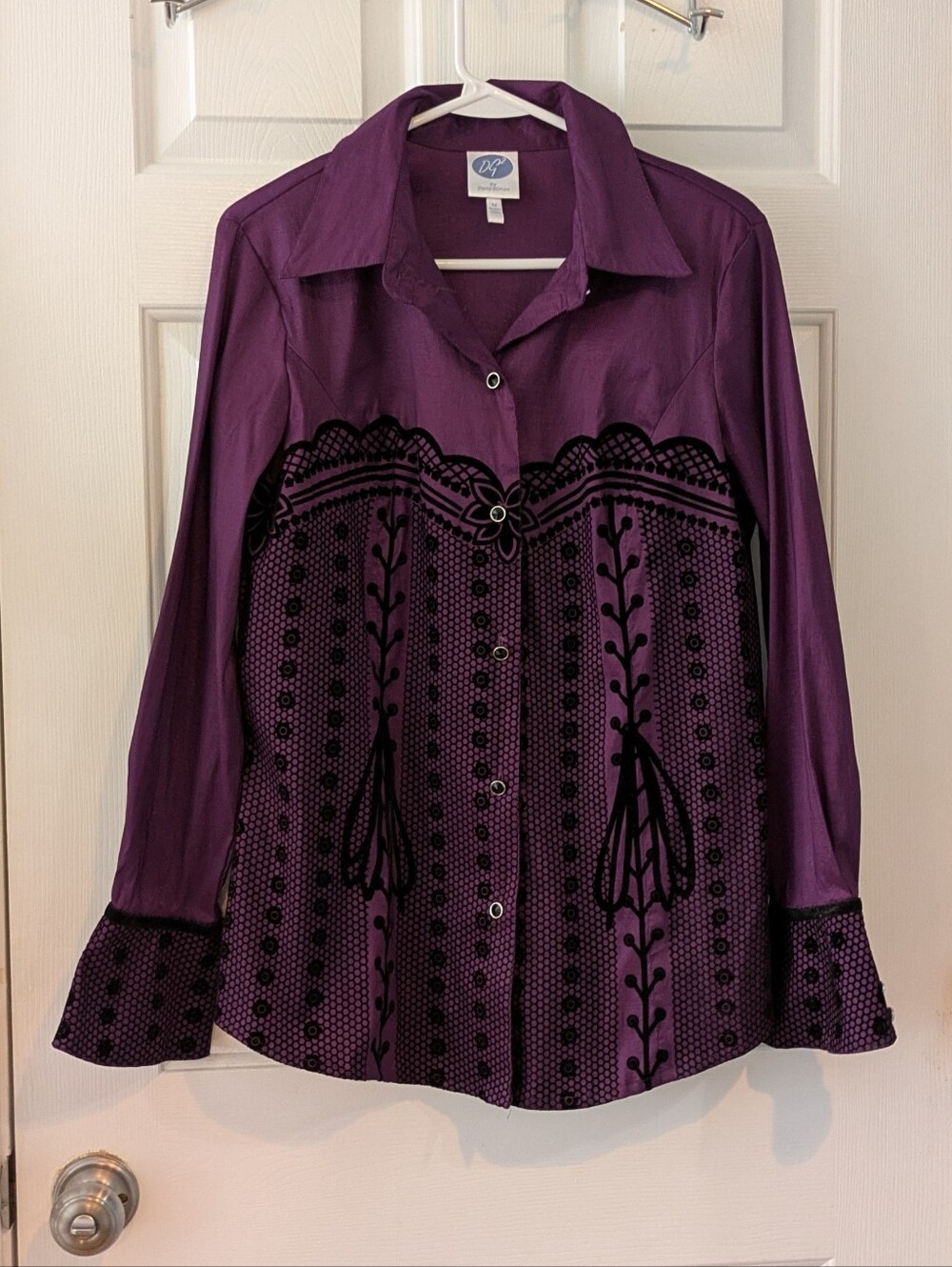 Women's Purple Button-Up Blouse with Black Pattern
